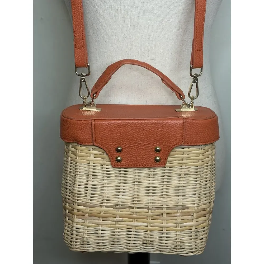Tommy Bahama Wicker North South Shoulder Bag Orange Tan Rattan Crossbody *READ